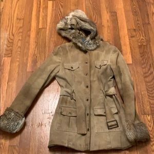 Arden B coat with faux fur hood